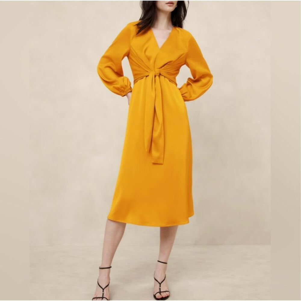 BANANA REPUBLIC | NWT "Sugar Maple Leaf" Golden Yellow Midi Dress Tie | 16